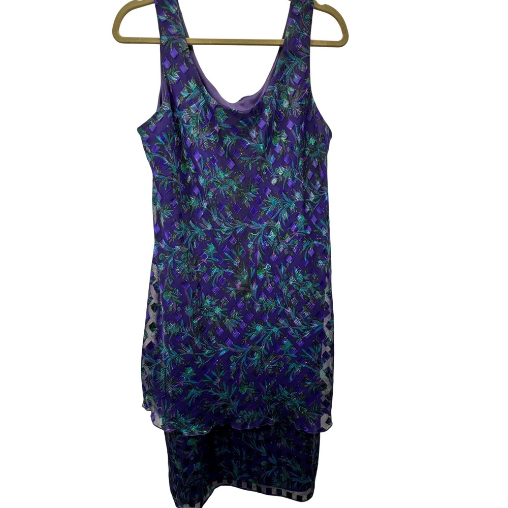 Vintage Patra Petites Sheath Dress Size 16 Purple Floral Sequin Retro 1980s Tank